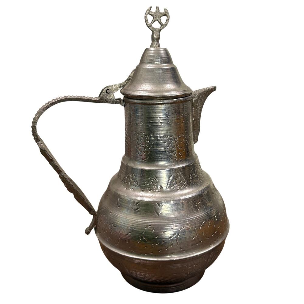 Vintage Turkish Silver Tone Etched Coffee Tea Pot Pear Star Crescent Finial